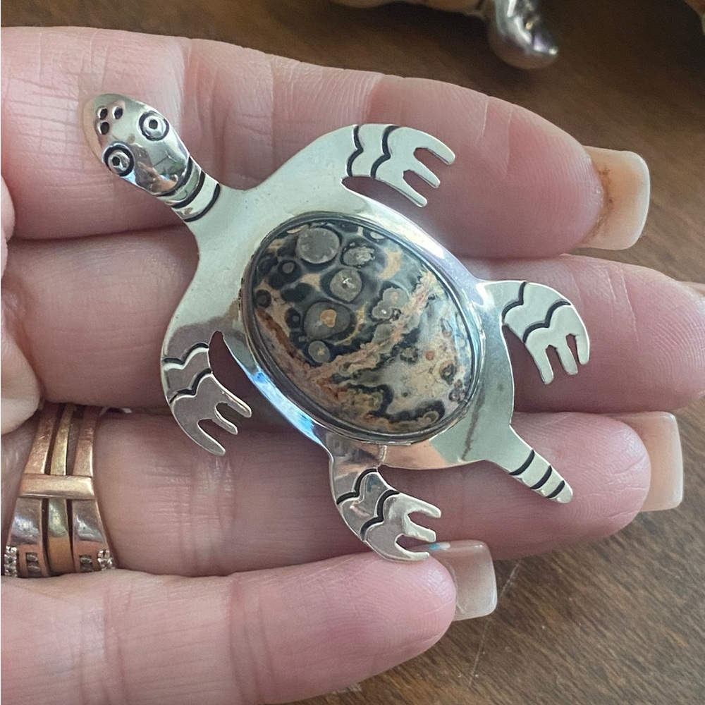 Vintage Cii Mexico Sterling Silver Ocean Jasper Sea Turtle Brooch Pin
